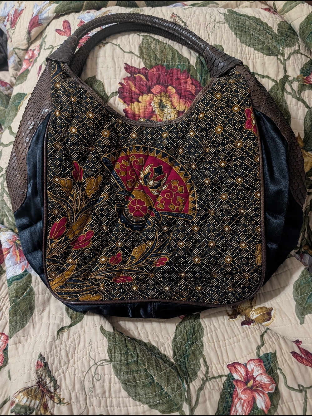 Embroidered Black & Gold Floral Hobo Bag
